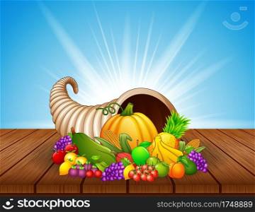 Vector illustration of Autumn cornucopia with vegetables and fruits on wooden table