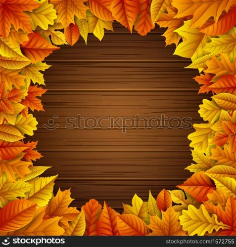 Vector illustration of Autumn leaves frame on wooden background