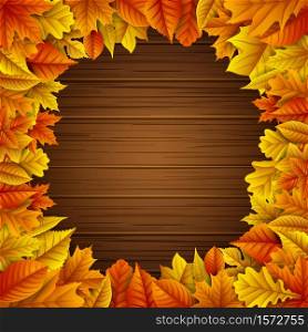 Vector illustration of Autumn leaves frame on wooden background