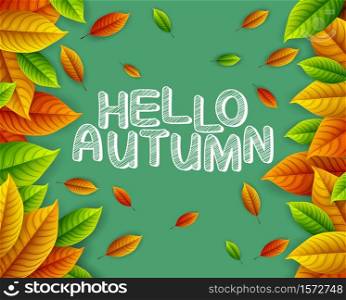 Vector illustration of Autumn leaves on green background