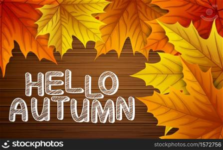 Vector illustration of Autumn leaves with lettering on wooden background