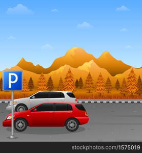 Vector illustration of Autumn mountains landscape with parking zone sign and two car