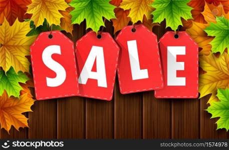 Vector illustration of Autumn sale banner with colorful fall leaves on wood board background