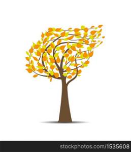 Vector illustration of autumn tree with falling leaves, nature background. Autumn tree with falling leaves