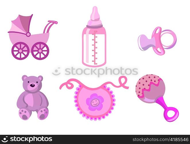 Vector illustration of baby icons. Includes carriage, bottle, teddy bear, bib, pacifier and rattle.