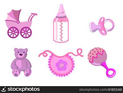 Vector illustration of baby icons. Includes carriage, bottle, teddy bear, bib, pacifier and rattle.