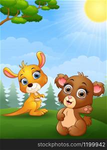 Vector illustration of Baby kangaroo and baby bear cartoon in the jungle
