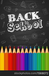 Vector illustration of Back to school background with doodle elements on chalkboard and colorful pencils