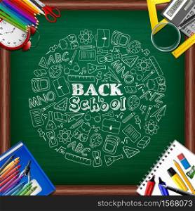Vector illustration of Back to school background with school supplies and doodles element on chalkboard