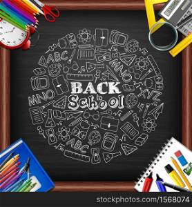 Vector illustration of Back to school background with school supplies and doodles element on chalkboard