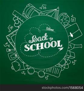 Vector illustration of Back to school lettering in doodle circle on green chalkboard background