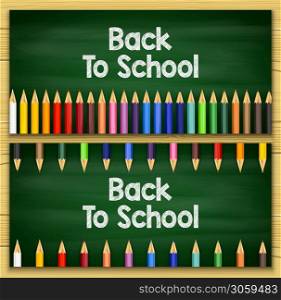 Vector illustration of Back to school title words written in a chalkboard with sets of markers