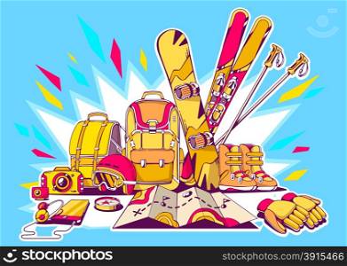 Vector illustration of backpacks and winter travel accessories with shine on blue background. Colorful hand draw line art design for web, site, advertising, banner, poster, board and print.