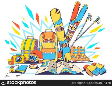 Vector illustration of backpacks and winter travel accessories with shine on white background. Colorful hand draw line art design for web, site, advertising, banner, poster, board and print.