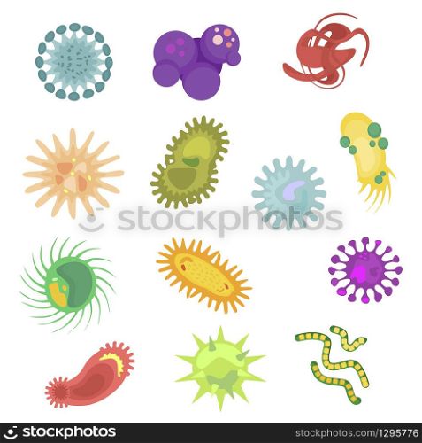 Vector illustration of Bacteria and germs colorful set. COVID-19 and Coronavirus. Vector flat style vector illustration isolated on white background. Bacteria and germs colorful set. COVID-19 and Coronavirus. Vector flat style cartoon illustration isolated on white background