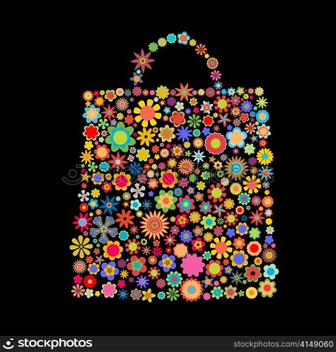 Vector illustration of bag pattern made up of flower shapes on the black background