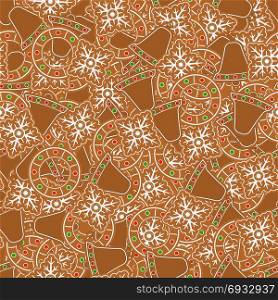 Vector illustration of baked Christmas cookies. Seamless pattern of gingerbread snowflake, wreath and bells. Holiday background.. Gingerbread Cookies Seamless Pattern