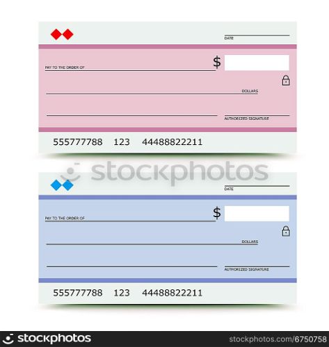 Vector illustration of bank check in two variations - pink and blue