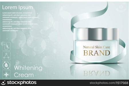 Vector illustration of Beautiful hydrating facial cream cosmetic ads with green ribbon on bubble background