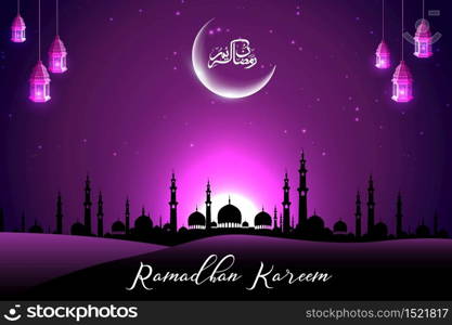 Vector illustration of Beautiful mosque with crescent on purple sky background
