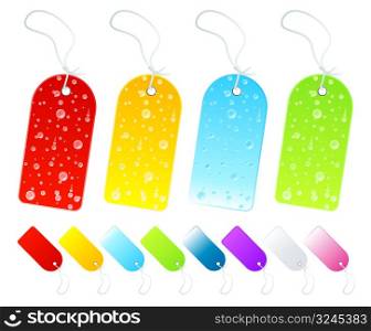 Vector illustration of beautiful season tags and labels in various shiny gradients. Four with wet weather drop details.