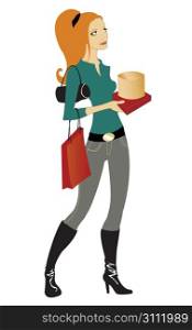 Vector illustration of beautiful woman during the shopping, holding the bags and boxes.