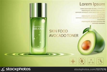 Vector illustration of Beauty cosmetic product poster, fruit avocado cream ads with silver bottle package skin care cream on sparkling green shiny background