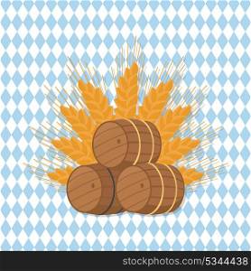 Vector Illustration of Beer Barrels at Octoberfest. Vector illustration representing three beer barrels of different types and ear of wheat on checkered background. Unofficial symbol of october festival