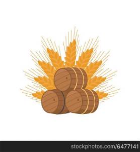Vector Illustration of Beer Barrels at Octoberfest. Vector illustration representing three beer barrels of different types and ear of wheat on white background. Unofficial symbol of october festival.