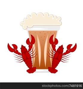 Vector illustration of beer mugs with a red crayfish on a white background. Beer, crayfish, food. Cartoon style