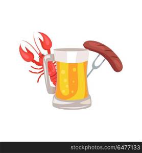 Vector Illustration of Beer, Sausages and Crayfish. Vector illustration of one glass of beer with foam and bubbles, traditional german sausages and red crayfish on white background.