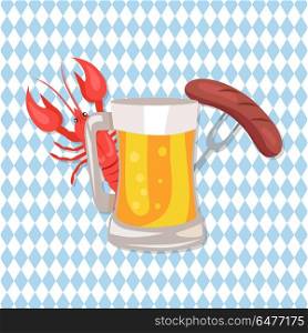 Vector Illustration of Beer, Sausages and Crayfish. Vector illustration of one glass of beer with foam and bubbles, traditional german sausages and red crayfish on on checkered background