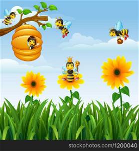 Vector illustration of Bees flying around the beehive in the garden