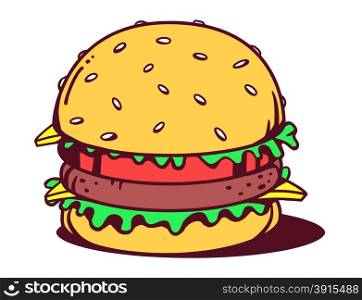 Vector illustration of big classic burger on white background. Bright color line art design for web, site, advertising, banner, poster, board, poster and print.
