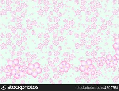 Vector illustration of big, medium and small sakura (cherry blossom) flowers pattern on green background