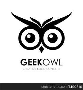 Vector illustration of bird face. Business corporate geek owl logo design vector. Wise and smart logotype template.. Business corporate owl logo design vector. Wise logo vector template.