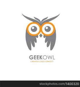 Vector illustration of bird face. Business corporate geek owl logo design vector. Wise and smart logotype template.. Business corporate owl logo design vector. Wise logo vector template.