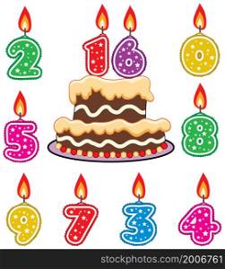 vector illustration of birthday candles and chocolate cake