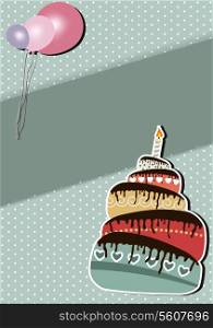 Vector illustration of Birthday card with cake and balloons.