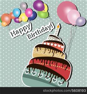 Vector illustration of Birthday card with cake and balloons.