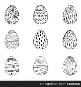 Vector illustration of black doodle egg with handdrawn ornament for Easter holidays design isolated on white background. Greeting card, invitation, poster, banner design. Egg icons for Easter holidays design isolated on white background.