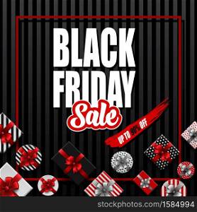 Vector illustration of Black Friday sale banner with different gift boxes on black striped background