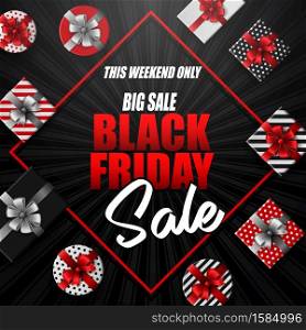 Vector illustration of Black Friday sale banner with different gift boxes on black striped background