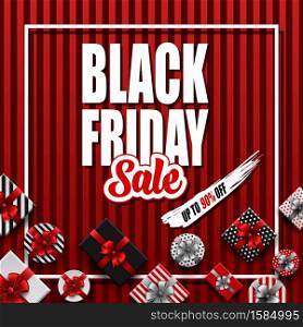 Vector illustration of Black Friday sale banner with different gift boxes on red striped background