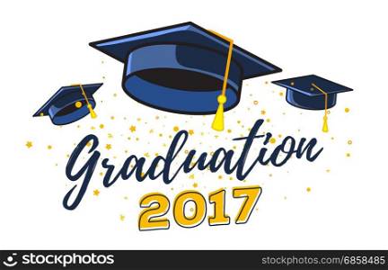 Vector illustration of black graduate caps with confetti on a white background. Congratulation graduates 2017 class of graduations. Caps are flying up. Design of greeting, banner, invitation card for the graduation party with hat, lettering