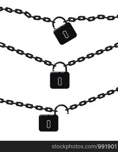 vector illustration of black metal chain and padlock isolated on white background. flat design of lock and chain. set of opened padlocks