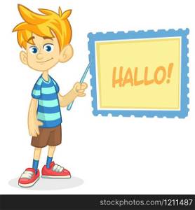 Vector illustration of blond boy in shorts and striped t-shirt. Cartoon of a young boy dressed up presenting on a board with pointer
