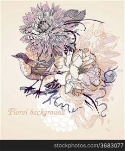 vector illustration of blooming flowers and a little bird