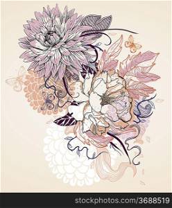 vector illustration of blooming flowers and flying butterflies