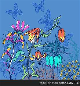 vector illustration of blooming flowers on a dark blue background